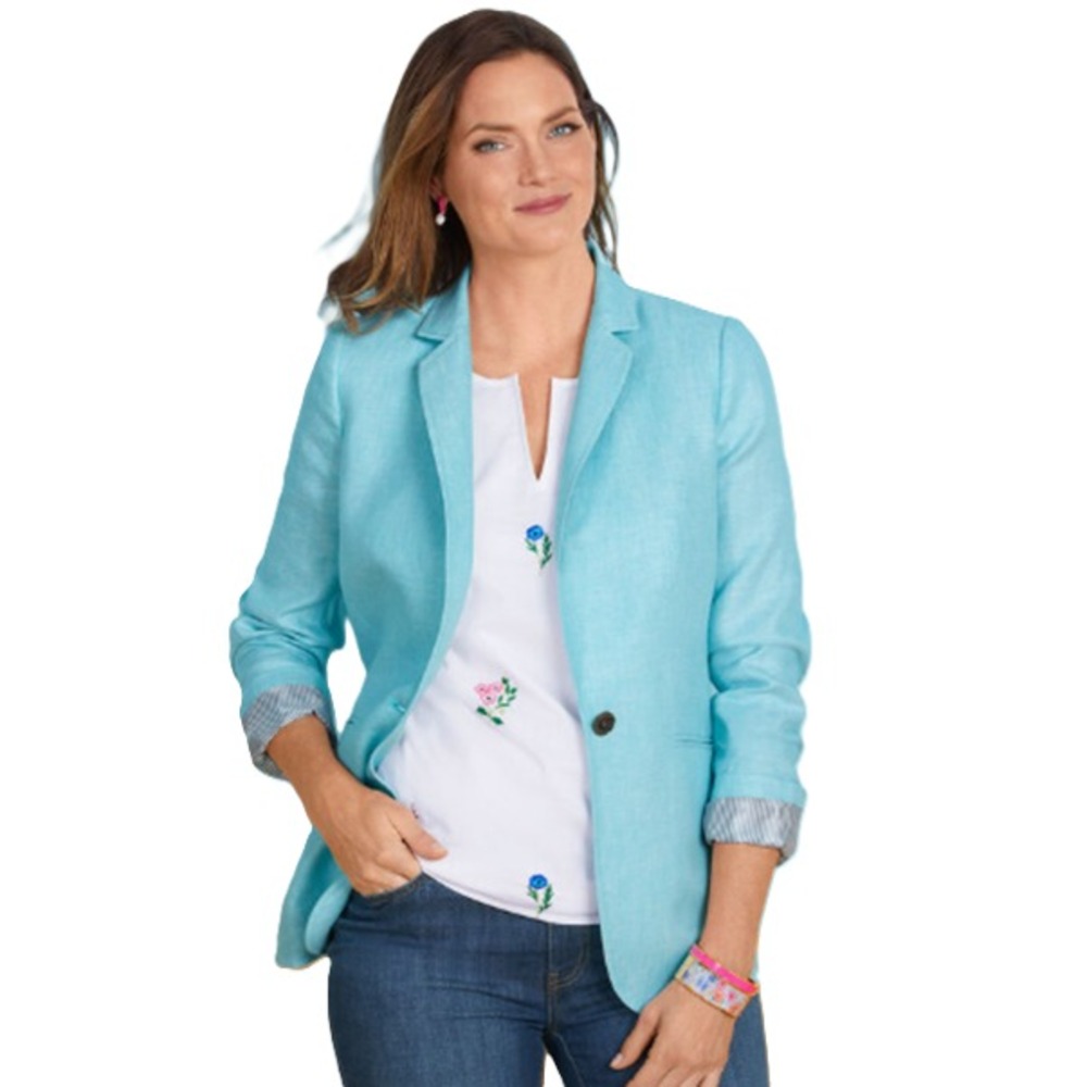 Talbots Blazer Womens Size 2 Aqua Blue White Pastel Linen Aberdeen Easter Preppy